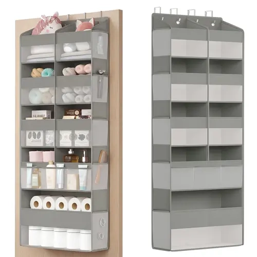 SONGMICS Over-the-Door Hangable Organizing Rack, 9-Compartment Foldable Hanging Shelf with Metal Hooks, Multipurpose Storage Organizer with Transparent Mesh & Large Bottom Slot, Heavy-Duty Door Storage Solutions Home Supply