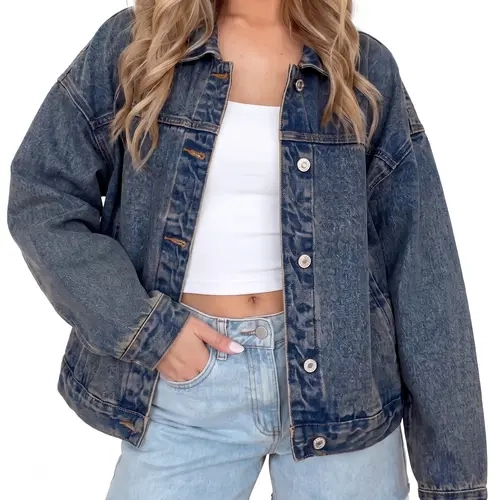AUTOMET Women's Cropped Vintage Washed Denim Jacket - Oversized Lapel, Button-Down, Casual Short Jean Trucker Coat for Women's Tops