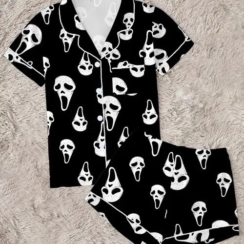 Women's Halloween Skull Print 2-Piece Pajama Set, Cute Cartoon Sleepwear Loungewear, Short Sleeve, Casual Fitted Above Knee, Perfect Gift