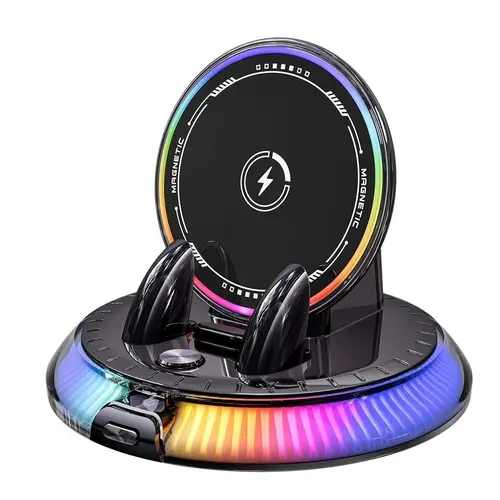 360° Rotating Auto Clamping Magnetic Car Phone Holder- Wireless Car Charging Mount with RGB Light Residue Free Vacuum Suction Base Dashboard Cradle, Universal Electronic Phone Stand