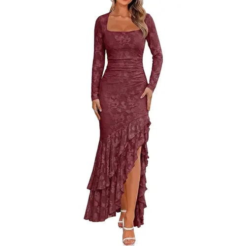 BORIFLORS Women's Formal Square Neck Long-Sleeve Floral Embroidery Mesh Maxi Dress, Ruffle High Slit Mermaid Bodycon Gown, Elegant Fall Wedding Guest Outfit for Evening Cocktail Prom Party, Black Friday Deals, Halloween Outfit, Homecoming Dresses, Y2K