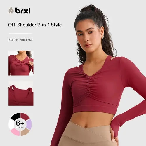 BRXL Female 2-in-1 Long Sleeve Compression Top - Crew Neck, Built-in Bra, Thumbhole Cuffs, Standard Sizes, Activewear Fitness Layered Sports Top for Gym, Running (Fitness Apparel)