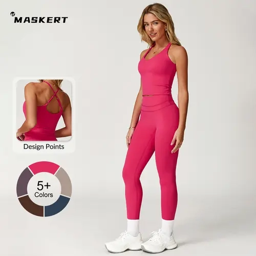 MASKERT Women's 2-Piece Nylon Blend Workout Set - Sleeveless Sports Tank Top, High-Stretch Tummy Control Tight Leggings, Female Gymwear for Summer Yoga, Running, Daily Wear