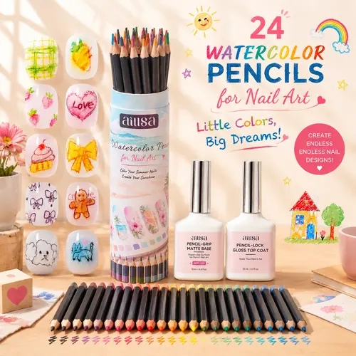 AILLSA 24-Pcs Nails Kit Set, Childhood Memories Inspired DIY Nails Kit with Vibrant Watercolor Pencils, Matte Pencil Base & Glossy Top Coat for Creative Use (TikTokShopBackToSchool Sohochic)