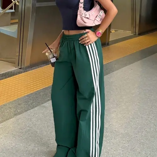 Women's Colorblock Loose Fit Oversized Sports Pants, Streetwear Street Style Quick-Dry Athletic Casual Trousers, Comfortable and Stylish Long Jeans