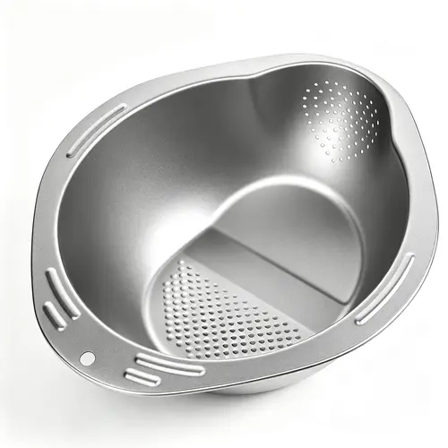 Stainless Steel Round Rice Washing Bowl with Handle - Kitchenware Stainless Steel Utensils, Household Kitchen Supplies, Slanted Drain Holes Water Draining Sieves and Colanders for Rice, Vegetables