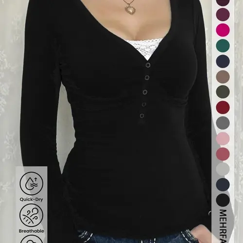 Women's V-Neck Half-Open Front Buttoned Long Sleeve Top, Elastic, Slim Fit, Casual Fall & Winter Style