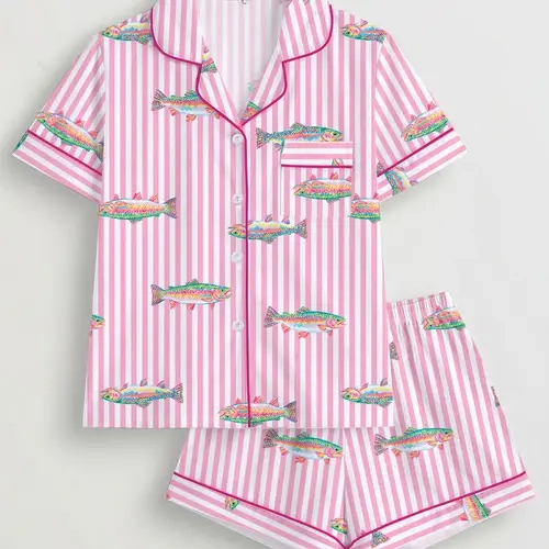 Women's Pajama Set, Striped Fish Print, Short Sleeve Button-Up Top, Elastic Shorts, Casual Home Wear, Comfortable Sleepwear, Loungewear