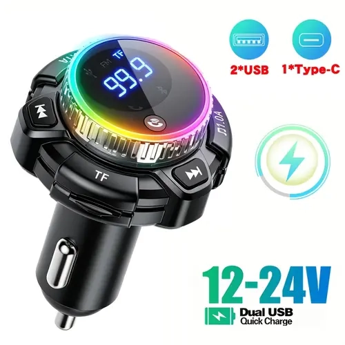 Bluetooth 5.3 Wireless FM Transmitter & Automotive Charger - PD 3.0 Fast Charging, Rotary Volume Knob, HiFi Deep Bass, RGB Ambient Light, Hands-Free Calling, TF Card MP3 Player for 2026 Modern Vehicles