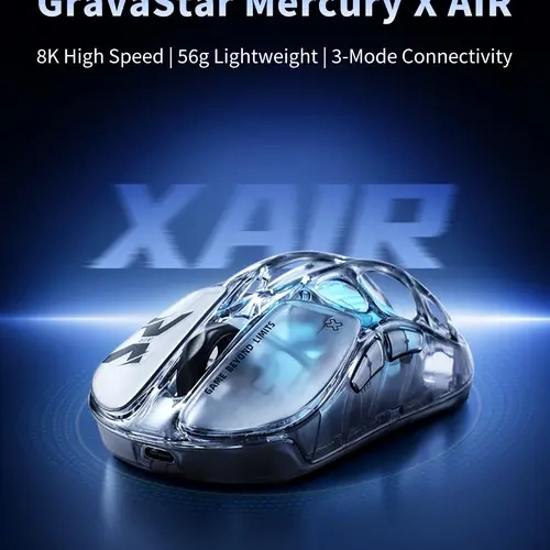 【NEW ARRIVAL】GravaStar Mercury X AIR 8K Wireless Gaming Mouse, 56g Lightweight, PAW3950 Sensor, 32,000 DPI, Futuristic Skeleton Design,Tri-Mode Bluetooth 2.4GHz USB-C, RGB Skeleton Design for FPS Esports,PC Gaming Setup