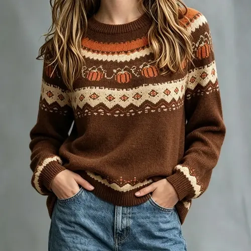 【Black Friday】Women's Regular-Fit Round Neck Long Sleeve Sweater, Halloween Themed Pumpkin Pattern, Casual Festive Knitwear for Parties and Daily Wear, Jacquard Jumper for Fall & Winter