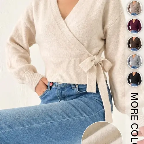 Women's Solid Color Knit Long Sleeve Tie Front Sweater, Basic Casual Pullover Top, Comfortable and Stylish, Perfect for Daily Wear