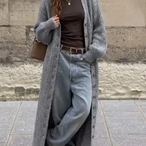 Women's Fall Winter Solid V-Neck Button Front Slim Fit Long Cardigan Coat, Knitwear, Stylish Outerwear for Cold Weather, Perfect for Layering