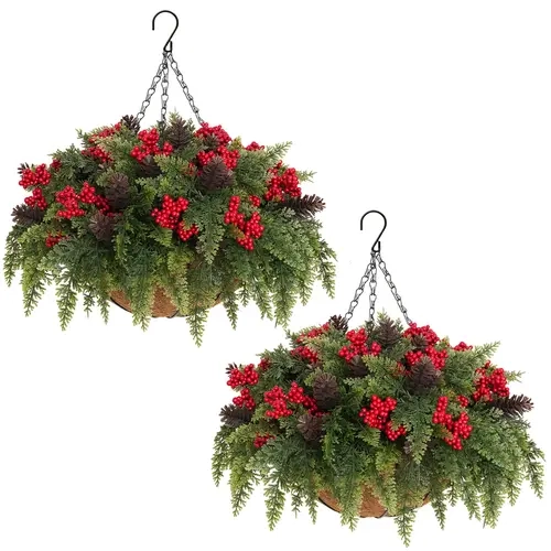 LVZHIYUAN 2-Pack Durable Plastic Waterproof Hanging Flower Baskets with Red Berries, Greenery - Christmas Decorations Party, Yule Christmas Decor, Outdoor Porch Patio Festive Supplies Ornaments