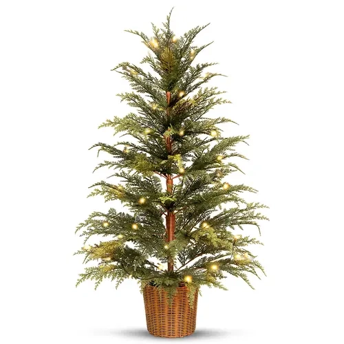 LVZHIYUAN 1-Pc 4.3 ft Artificial Cedar LED Illuminated Christmas Tree with String Lights, Included Planter, Decoration for Indoor-Outdoor Porch, Home Decor, Outdoor Decorations