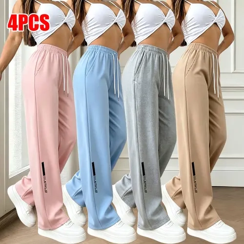 Women's 4-Pack Polyester Athletic Casual Pants - Regular Fit, Drawstring Elastic Waistband, Lightweight, Comfy Athleisure Bottoms, Gym Workout Apparel, Multiple Colors, Women's Pants Multi Pack