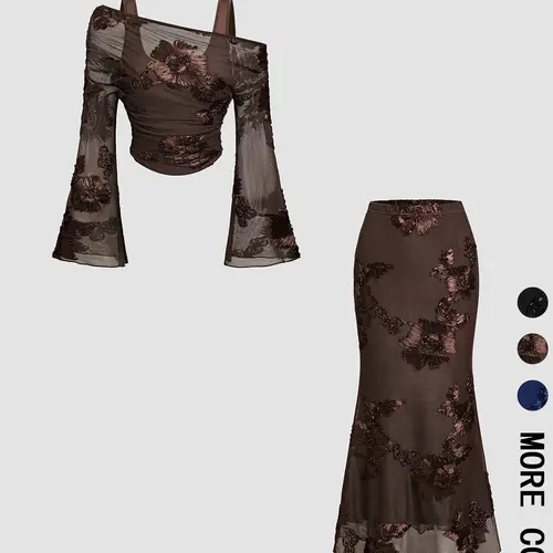 Elegant Off-Shoulder Top with Floral Embroidery, Fishtail Midi Skirt and Top Set, Perfect for Dates, Parties, Vacations & Daily Wear
