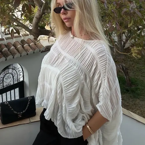 Women's Elegant Solid Color Shirred Asymmetrical Hem Blouse, Casual Fashion Loose-fitting Feminine Top, blouses shirts, Summer Wear for Holiday, Beach & Daily Wear