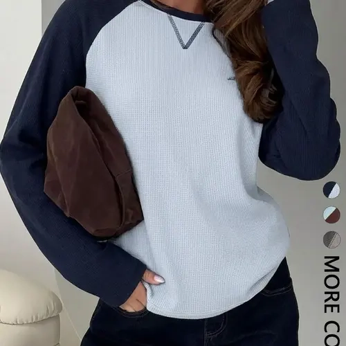 Women's Crew Neck Raglan Long Sleeve Top Contrast Color Spliced Shoulder X Stitch Detail Relaxed Loose Fit Casual Baseball Style Tee Casual College Style