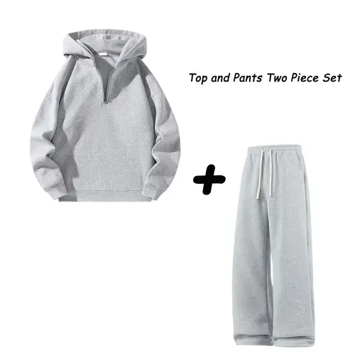 Men's 2-Piece Athleisure Outfit - Long-Sleeve Half-Zip Hoodie & Loose Elastic Waist Sweatpants, Minimalist Solid Tracksuit Set, Ideal for Sport Casual Wear, 2 Piece Sets
