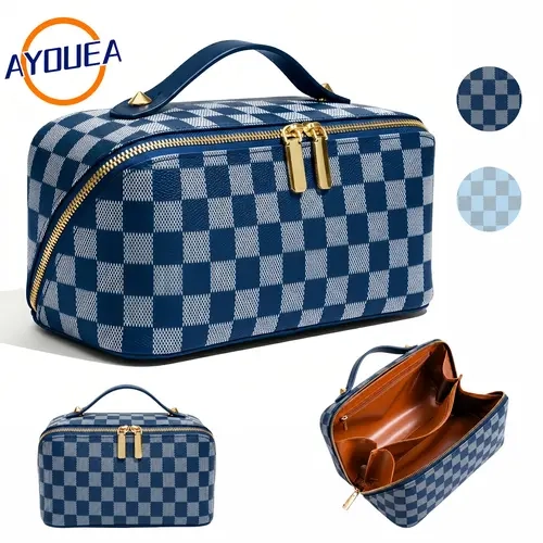 Large Capacity PU Vegan Leather Cosmetic Organizer Bag Waterproof Travel Makeup Pouch Portable Toiletry Bag for Women Minimalist Handheld Vanity Case Jewelry Organizer Box Skincare Wash Bag Diamond Lattice Storage Salon Grade Essentials Girlfriend Present