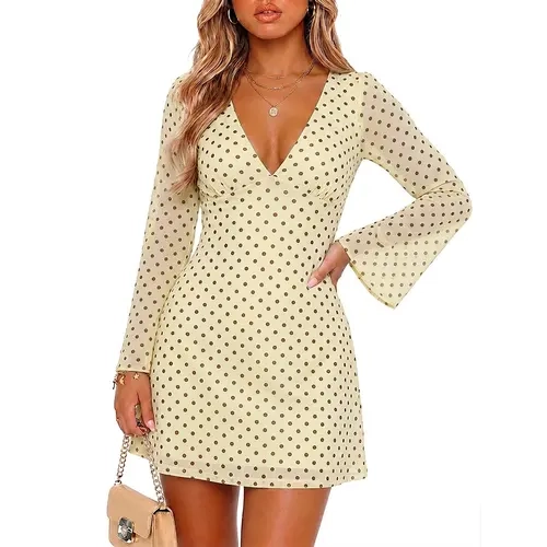Aprilake Women's Elegant V Neck Mesh Long Flared Sleeve A-Line Polka Dot Going Out Short Dress