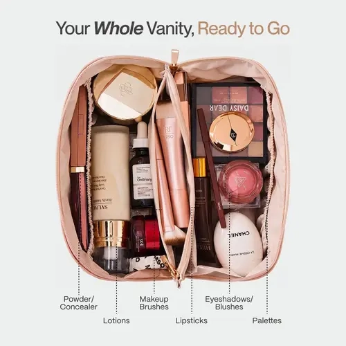 AVIO Travel Cosmetic Bag - 3-Zone Organizer Storage Bin, Lay-Flat Design with Separate Compartments, Brush Holder, Water-Resistant On-the-Go Kit Pouch Make-Up Bag