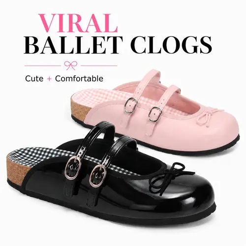 Women's Double Buckle Plain Round Toe Cork Bed Rubber Mules - Slip-On Ballet Clogs, Traveling & Everyday Flats Footwear