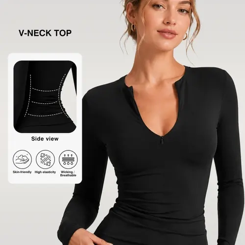 Women's New Half-Zip Long Sleeve T-Shirt, V-Neck Invisible Zip, Lightweight Breathable Quick-Dry Sport Top, Ideal for Daily Wear, Gym, Running, Pilates, Athletic Tops