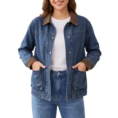 EMMIOL Women's Oversized Denim Trucker Jacket Long Sleeve Coat | Faux Leather Collar, Silver Buttons, Barn‑Jacket‑Inspired Silhouette, Barnfit Aesthetic, Y2K Vintage Vibe, Patch Pockets, Relaxed Fit, Casual Fall Outfits, Womenswear,SohoChic#Back to School