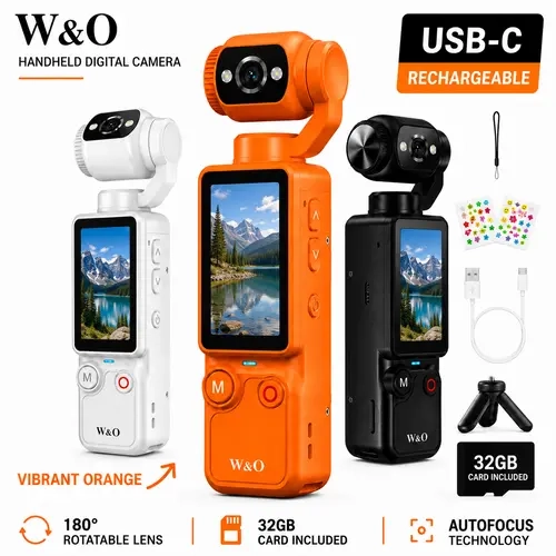 W&O Q7 Portable Vlogging Camera with 180° Rotating Lens, 1.9" Screen, 32GB Memory Card and Mini Tripod, USB-C Rechargeable Handheld Camera for Travel, Selfies and Daily Recording