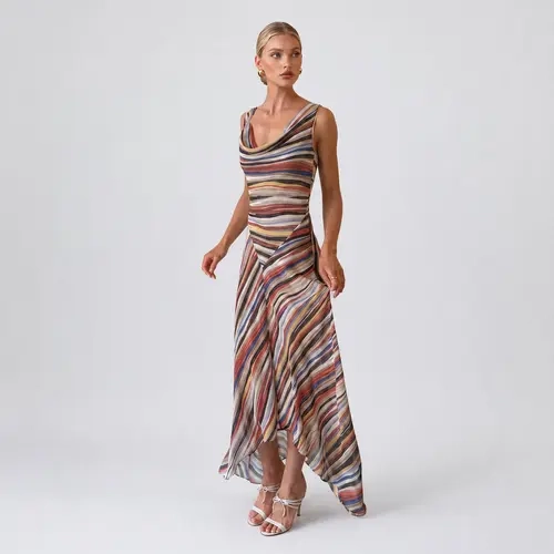 LikeMyChoice Women Colorful Stripe Print Satin Midi Slip Dress Cowl Neck Spaghetti Strap Asymmetrical Irregular Hem Flowy Summer Vacation Party Dress Formal Elegant
