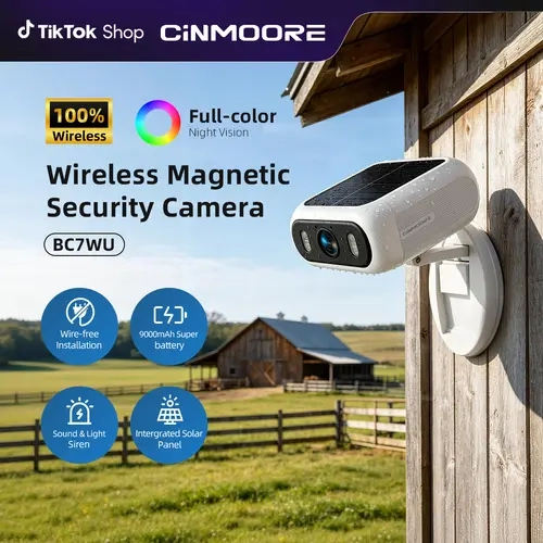 CINMOORE Solar-Powered Smart Security Camera, 1080p HD, 9000mAh Battery, Non-Subscription AI Human/Vehicle/Animal Detection, AI Motion Alerts, Dual-Band WiFi, Magnetic Wall Mount, SD Slot, 24/7 Local Recording, Weatherproof, Smart App Control, Outdoor Use