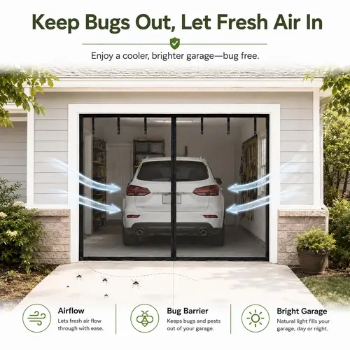 Magnetic Fiberglass Mesh Bug Barrier - Heavy-Duty Adhesive, Hands-Free Auto-Close, Natural Light-Allowing Modern Casual Curtain, Anti-Insect Dustproof for Garage, Front Door (Pet-Friendly)