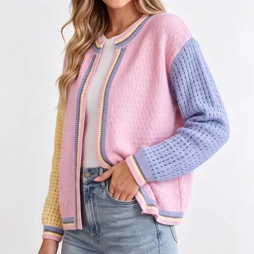 Shewin Women's Casual Recycled Polyester Knitwear Cardigan - Tops for Women, Color-Block Patchwork, Round Neck, Drop Shoulder, Long Sleeve Shirt, Loose Fit, Regular Length, Open Front, Hollow Knit, Cold Wash Top