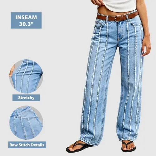 Flamingals Wash Stitch Detail Mid Waist Straight Leg Jeans Without Belt Stretchy 30.9'' Inseam