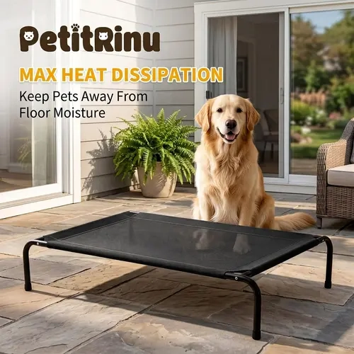 PetitRinu Classic Raised Dog Bed with Metal Frame - Textilene Stretch Mesh Fabric, Cooling, Breathable, Moisture-Proof, Joint Relief for Medium/Large Dogs, 2 Sizes (47.24in×31.89in×9.45in/35.43in×25.59in×8.27in) Pet Cot