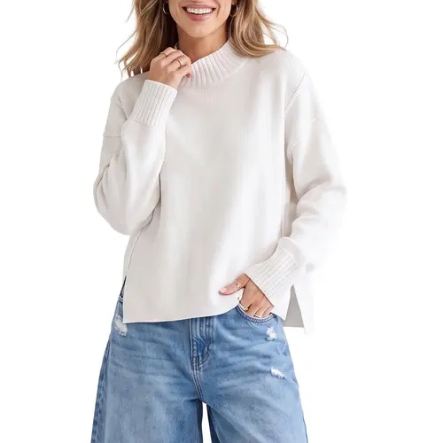Shewin Women's Viscose Knit Long-Sleeve High-Neck Pullover Sweater - Drop Shoulder, Side Slit Hem, Loose Fit, Regular Length Casual Top for Cooler Days, Sweater for Women