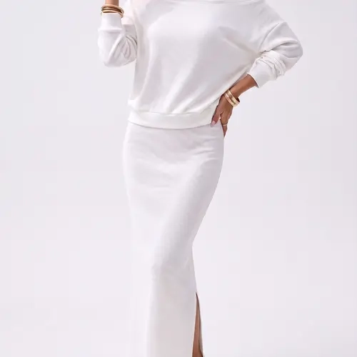 Fisoew Women's 2 Piece Off Shoulder Casual Set Chic Knit Soft Fabric Oversized Long Sleeve Sweatshirt, High-Waist Asymmetrical Hip Straight Midi Pencil Skirt