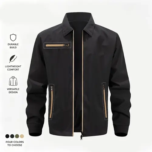 Men’s polyester overcoat—men’s clothing, spring/autumn, turn-down collar design, multiple pockets, solid-color casual workwear jacket