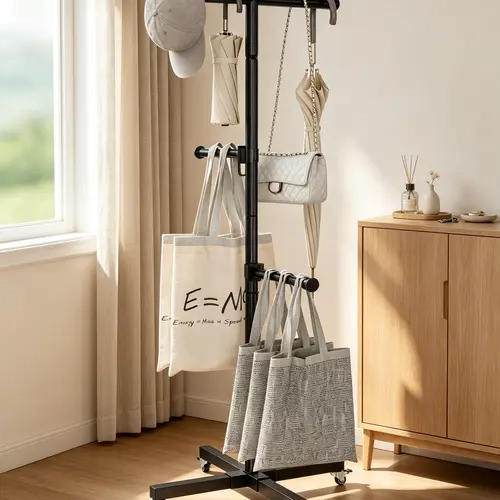 【Holiday Deals】San Dream Adjustable Shopping Bag Rack with Wheel 57" Large Bag Display Stand Bag Holder for Retail Stores Height Handbag Holder for Malls Vendor Boutique Trade Show 4 Arms Black
