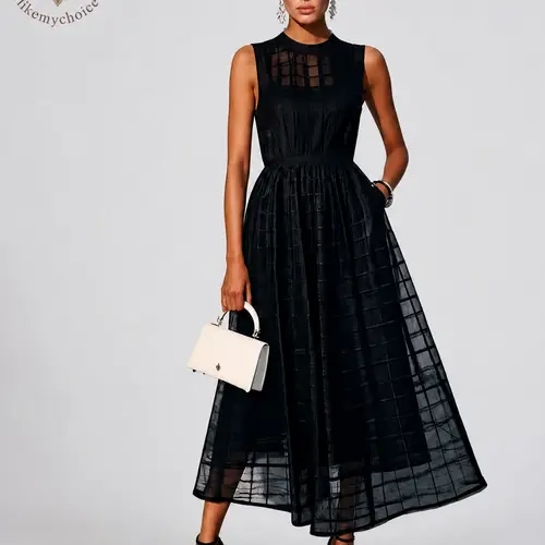 LikeMyChoice Women Sleeveless Mock Neck Grid Mesh Midi Dress High Waist A Line Flowy Sheer Tulle Tea Length Dress Wedding Guest Cocktail Formal Party Dress