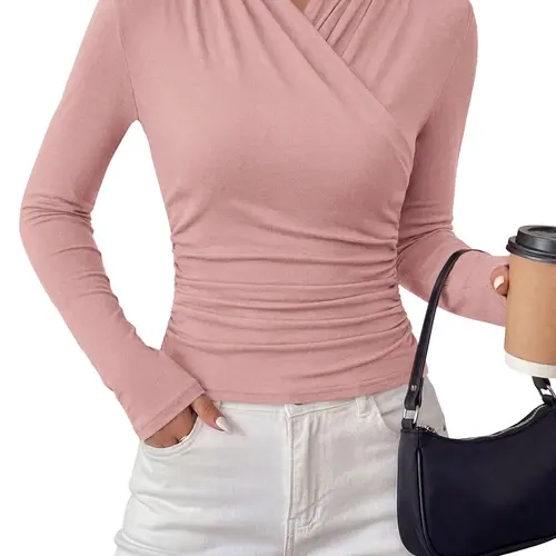 PRETTYGARDEN Women's Long Sleeve Wrap Tops 2026 V Neck Ruched Waist Fitted Knit Shirts Dressy Casual Going Out Blouses
