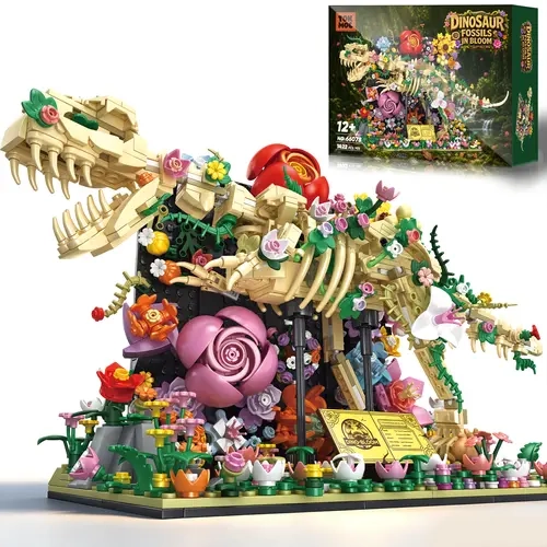 TOKMOC 1422 Pieces Dinosaur Fossils in Bloom Building Set,Jurassic Dinosaur Flowers Botanical Blocks Toy, STEM Learning T-Rex Skeleton Assembly Kit, Display Gift for Dinosaur Enthusiasts, for Aged 12 And Above,Stress Relief Toy, 66078