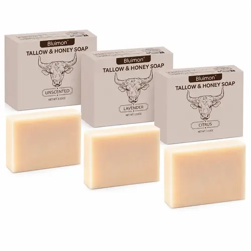 Bluimon Grass-Fed Beef Tallow & Raw Honey Soap Bar for Face & Body - Deep Moisturizing Natural Handmade Soap for Dry Sensitive Skin, Unscented, Lavender & Citrus