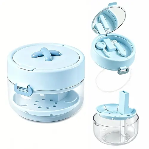 Leakproof Oral Retainer Cleaner Case Box with Automatic Lifting Strainer Basket, Daily Cleansing Denture Care Tool Set (Mirror, Brush, Cleaning Tool) & Lightweight Aligner Bath Cup for Storage, Travel/Home Use