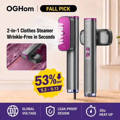 【FDFY】OGHom Handheld Steamer for Clothes - 110-240V Universal Plug 2-in-1 Travel Iron, 1000W Strong Output, 30s Fast Heat-Up, Dry & 2-Steam Control, Portable Garment Wrinkle Remover, Garment Steam Machine, Fabric Steamer, SohoChic, TikTokShopStockUp