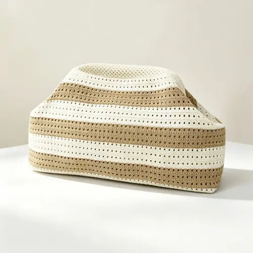 Boho Striped Knit Crossbody Bag, Large Capacity Cosmetic Pouch, Hollow Out Beach Storage Bag, Ideal for Travel, Parties, Shopping, Casual Trendy Purse, Casual Fashion Bag