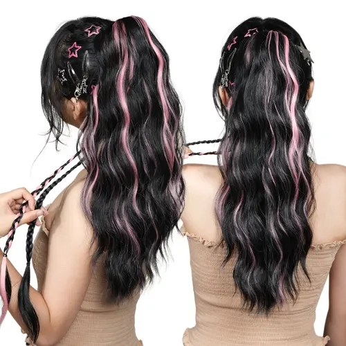 BrownBomb 18 inch Long Wavy Synthetic Hair Extensions Claw Clip for Women, 2-in-1 Design for Ponytail & Twin Braids, Premium Soft Fiber, Ultra-Lightweight, Natural Fluffy Volume, Breathable Summer Wear, Multiple Colors
