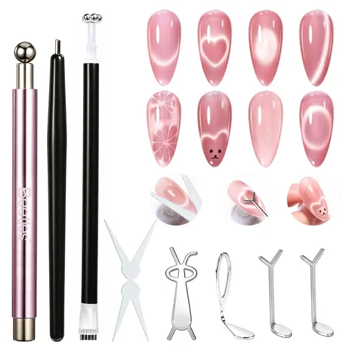 Beetles 9pcs Cat Eye Nail Magnet Set - Compact Kit with Pen & Glass Bead Designs, Easy-Control Nail Tech Supplies Tool for Cat Eye Gel Polish, DIY/Salon Use (French, Heart, Stripe Effects), Nail Magnet Manicure Tool